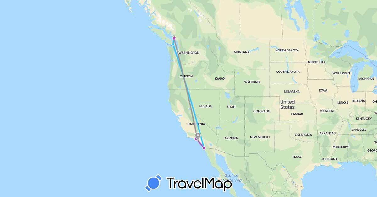 TravelMap itinerary: plane, train, hiking, boat in Canada, United States (North America)